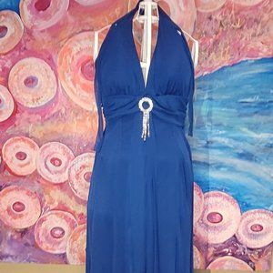 BLUE HALTER TOP FULL LENGTH DRESS WITH RHINESTONE ACCENT CENTER FRONT